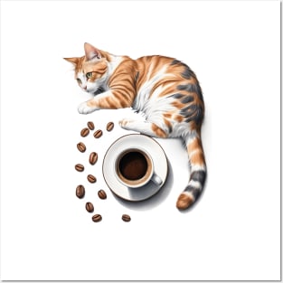 Cute Cat and Espresso Coffee Beans and Cup Design Posters and Art